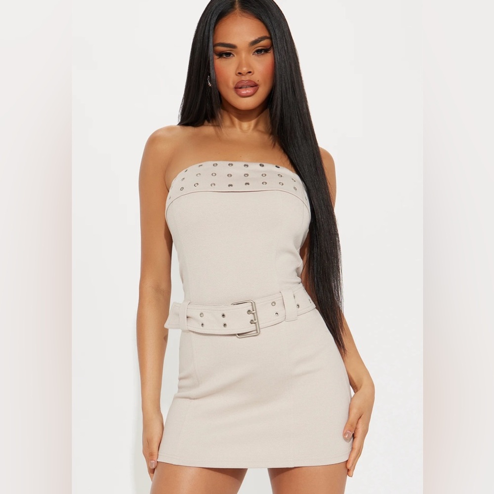 Fashion Nova NWT Women's Bronte Belted Micro Mini Tube Top Dress Tan Small $36